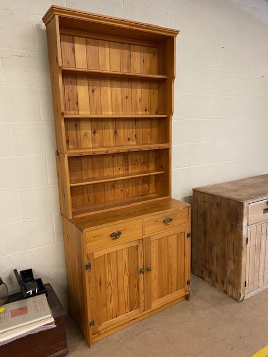 Pine kitchen dresser, two drawers, cupboards under, shelves over, approx 91cm wide x 215cm tall - Image 2 of 9