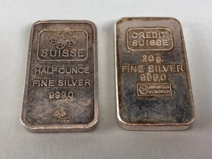Silver ingots, 2 Suisse 20g fine silver 99.90 ingots