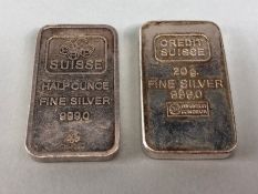 Silver ingots, 2 Suisse 20g fine silver 99.90 ingots