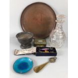 Miscellaneous lot, to include Glass decanter, The Georgian sealing set, copper tray, pewter bowl,