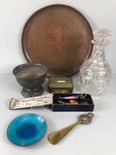 Miscellaneous lot, to include Glass decanter, The Georgian sealing set, copper tray, pewter bowl,