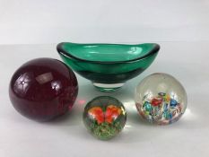 Glass paper weights, 3 Glass paperweights and a green art glass dish