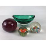 Glass paper weights, 3 Glass paperweights and a green art glass dish