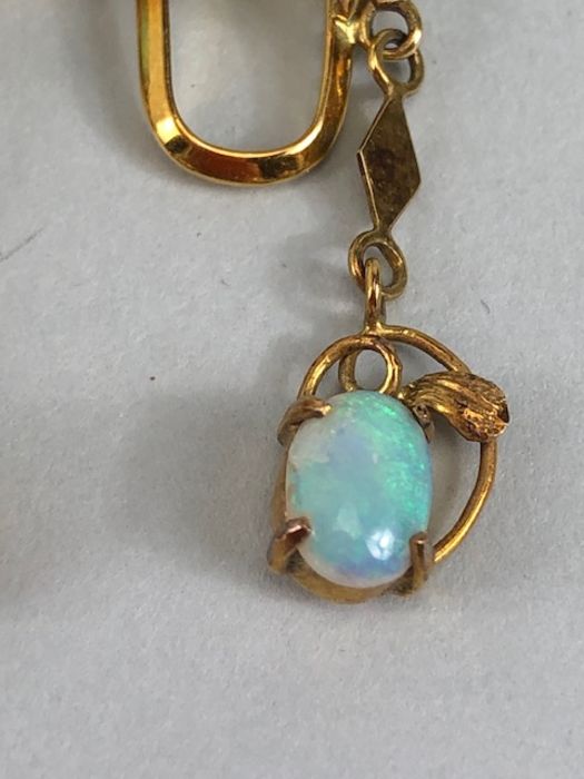 Pair of 14ct Gold drop earrings each set with two cushion cut Opals (total drop approx 32mm) - Image 3 of 13