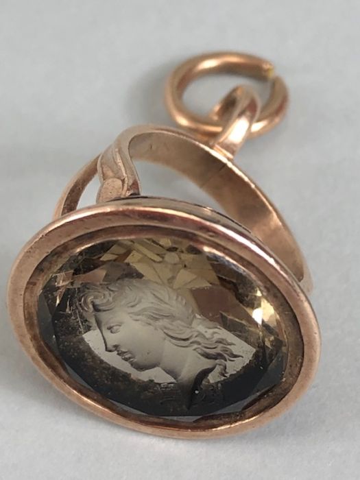Rose Gold seal fob with indistinguishable hallmark containing Smoky Quartz intaglio of Alexander