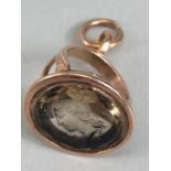 Rose Gold seal fob with indistinguishable hallmark containing Smoky Quartz intaglio of Alexander