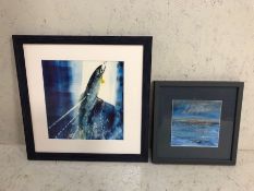 Modern prints, 2 modern framed prints one of a leaping salmon, one of a sea scape.