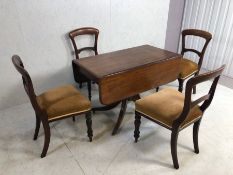 Antique table and chairs, Mahogany Pembroke table with drawer, on central column with 4 legs