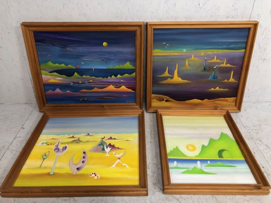 Colin Dawes paintings, Three 70s inspired futuristic landscape Paintings by local Lyme Regis