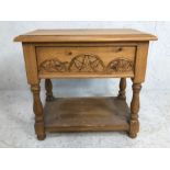 Pine sewing stool, antique style pine sewing or work stool with carved front pull out drawer