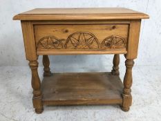 Pine sewing stool, antique style pine sewing or work stool with carved front pull out drawer