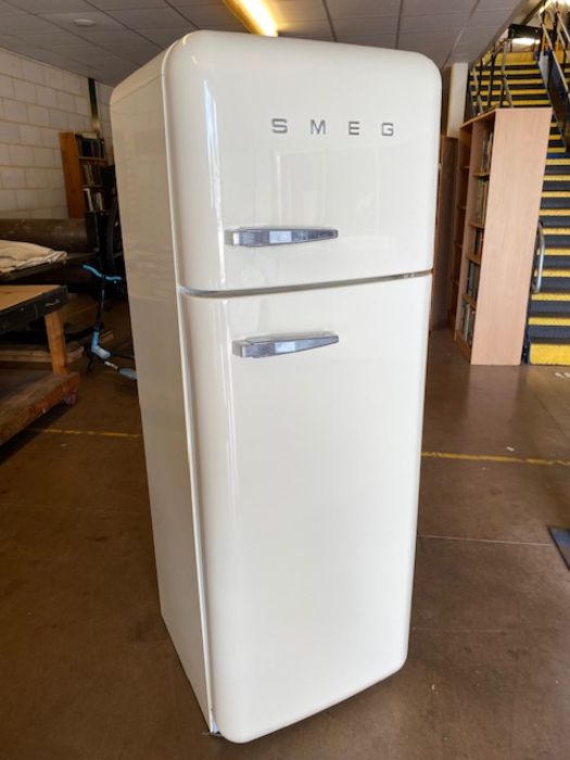 SMEG Fridge Freezer, modern SMEG Fridge Freezer Model S30STRP5 cream colour, hinged on right side