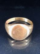 18ct or above Gold signet ring no hallmarks tests as 22ct size approx 'P' and 7.2g