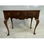 Antique side table, two drawers veneered side table on cabriole legs approximately 84 x 42 x 70cm