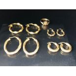 Gold Earrings, 4 pairs of 9ct Gold Creole earrings and a 9ct gold Claddagh ring approximately 7.89g