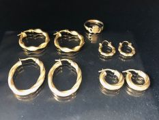 Gold Earrings, 4 pairs of 9ct Gold Creole earrings and a 9ct gold Claddagh ring approximately 7.89g