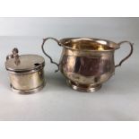 Antique Silver, Birmingham hallmarked mustard pot with blue glass liner, and a 2 handled sugar