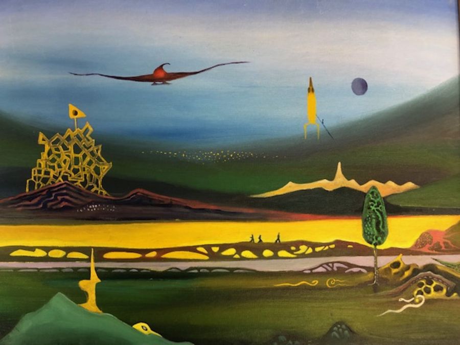 Colin Dawes Paintings, Three 70s inspired futuristic landscape paintings by Local artist and - Image 2 of 5