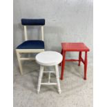 Vintage stools and chair, 2 wooden stools one painted red the other white and a dining chair