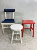 Vintage stools and chair, 2 wooden stools one painted red the other white and a dining chair