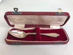 Silver hallmarked Birthing spoon ornately decorated in presentation case approx 15cm long & 38g