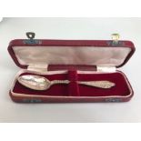 Silver hallmarked Birthing spoon ornately decorated in presentation case approx 15cm long & 38g