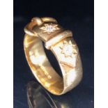 18ct gold buckle ring set with 2 diamonds, size V 1/2 , approximately 10.2g