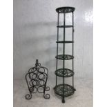 Metal Pot Stand and wine rack, Green painted metal 6 tier pot stand with lion paw feet approximately