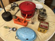 Kitchenalia, a collection of vintage kitchen items, to include, red enamel bread bin, cast iron