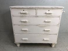 Antique Chest of drawers Painted White, run of 3 drawers with 2 above on turned legs,