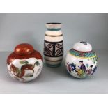 2 Chinese ginger jars, one decorated with a scene of courtiers the other with a dragon, and a