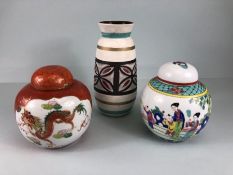 2 Chinese ginger jars, one decorated with a scene of courtiers the other with a dragon, and a