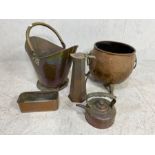 Miscellaneous copper, to include 2 Antique coal scuttles one with lion head handles and paw feet,