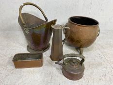 Miscellaneous copper, to include 2 Antique coal scuttles one with lion head handles and paw feet,