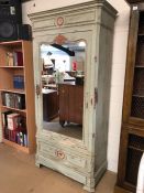 French-style tall hand painted cupboard with two internal shelves, drawer to base and mirrored door,