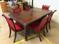 Antique Dining table and chairs, Dark wood extending Dining table on bolster turned legs fitted with