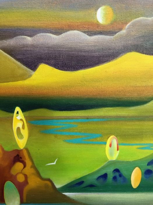 Colin Dawes paintings, Four 70s inspired futuristic landscape paintings by Local Lyme Regis Artist - Image 4 of 6