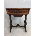 Antique work table, the hinged lid enclosing a fitted interior with mirror and lift-out tray above a