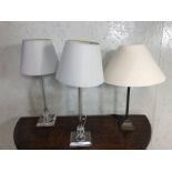 Table Lamps, Two Modern fluted column glass base table lamps with grey shades approximately 54cm