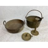 Miscellaneous Brass and copper, to include Brass preserving pan, 2 candle holders and a large