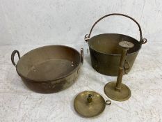 Miscellaneous Brass and copper, to include Brass preserving pan, 2 candle holders and a large