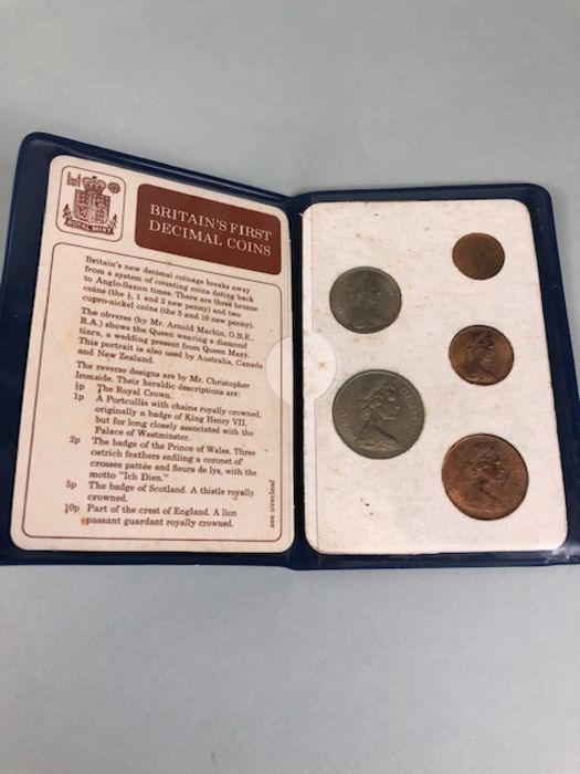 Coins, 2 sets of Britain's first decimal coins along with a silver 3d 1890, and 5 foreign coins - Image 3 of 7