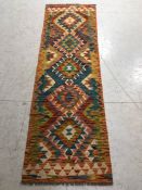 Oriental Rug, Hand knotted wool Chobi Kilim Runner with geometric designs, approximately 203 x 63cm