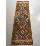 Oriental Rug, Hand knotted wool Chobi Kilim Runner with geometric designs, approximately 203 x 63cm