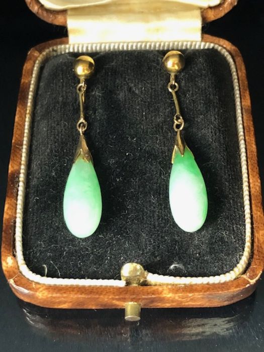 14k Gold earrings with pendant Jade teardrops each teardrop approx 18mm in length