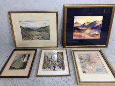 Collection of pictures, 5 framed pictures to include a water colour landscape signed Henry C Brewer