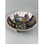 Oriental dish, Chinese style Ceramic dish with painted decoration of courtiers, birds and flowers