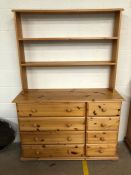 Modern Pine, Drawer and shelf unit on bun feet, Run of 4 large drawers and a run of 4 smaller