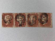 Philately, stamp interest, 1841 strip of four Penny Red, Stars Imperforate, S.G 8, KI KJ KK KL