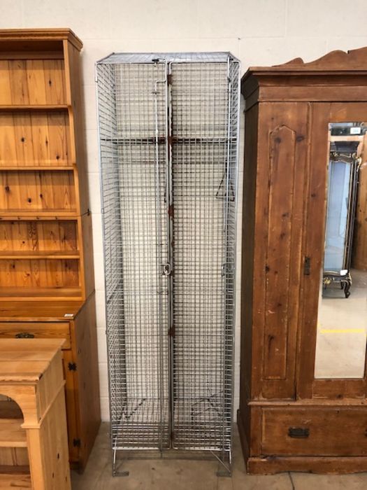 Vintage galvanised wire mesh Gym locker, 2 sections with hanging space and shelf above Approximately